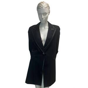 NEW GEORGES RECH women's pinstripe leather trim long coat in black pinstripe
